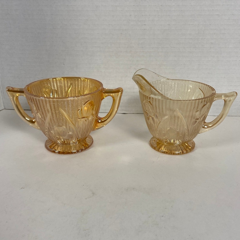 Jeannette Iris and Herringbone Marigold Carnival Glass Creamer and Sugar Set